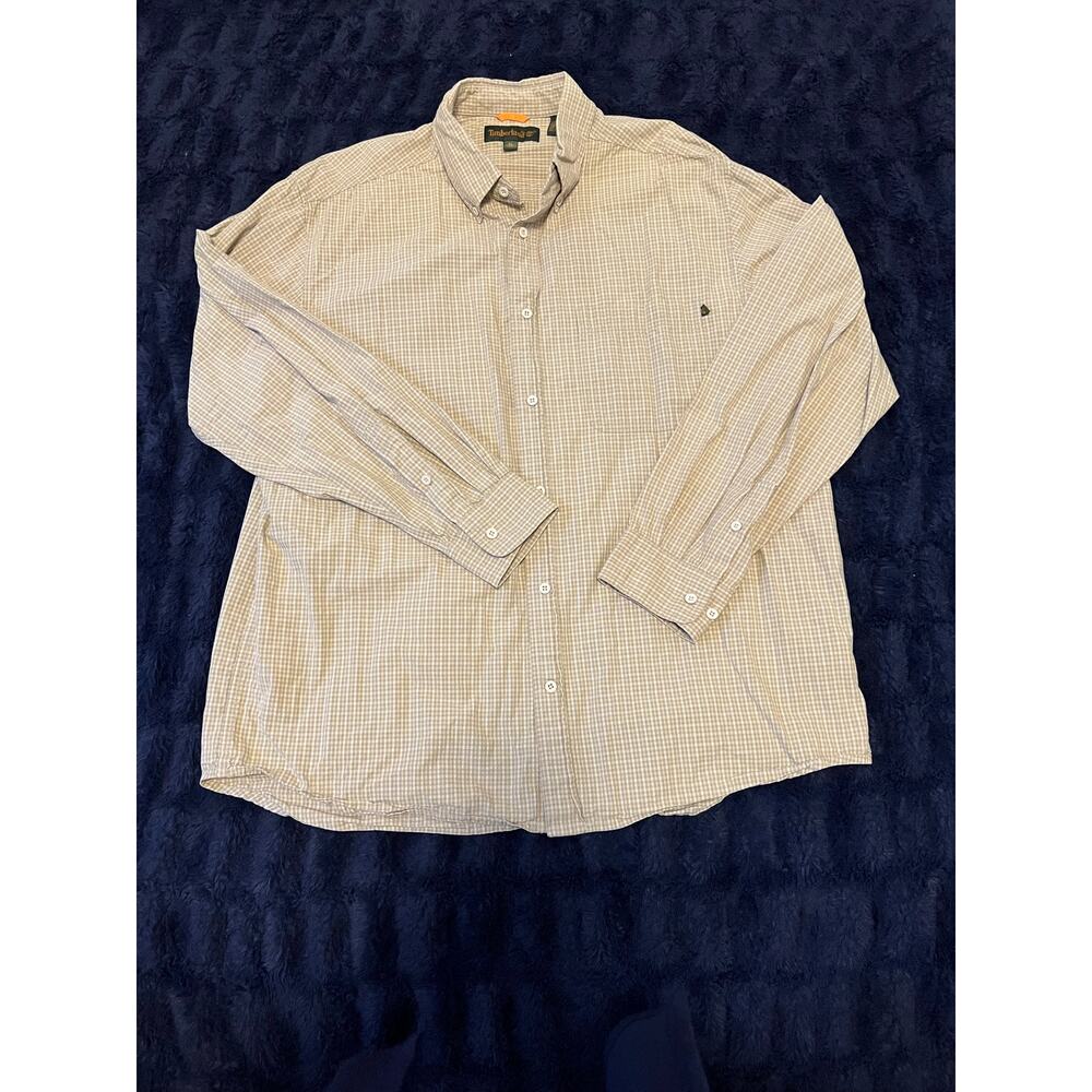 Timberland Men’s XL Button Down Shirt Beige Check Cotton Long Sleeve Casual